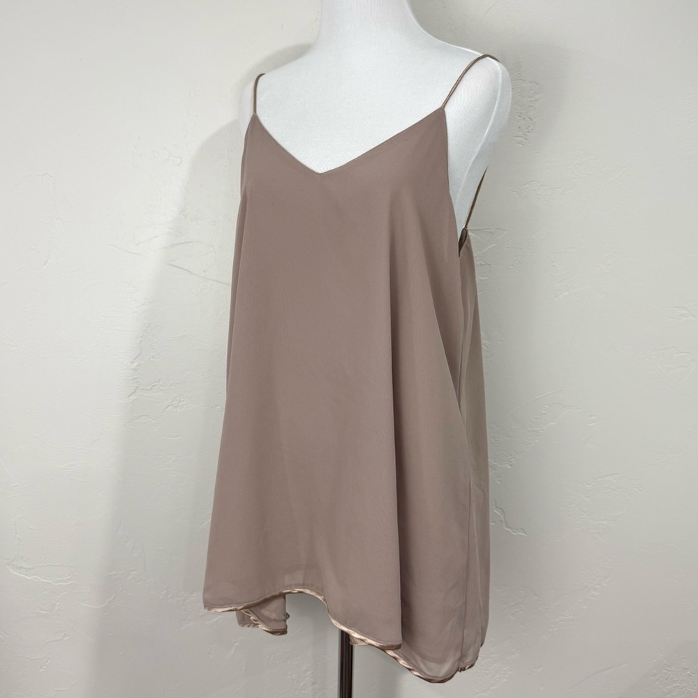 Umgee Womens Taupe Chiffon Camisole Flowy Top Satin Trim S Lined Fairy Whimsical